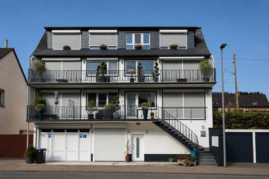 Voorzijde van appartementencomplex Moezelzicht in Klotten met balkons